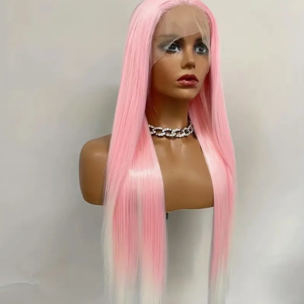 Pink Colorful Long Straight Synthetic Fiber Hair Wigs Heat Resistant 13x3.5